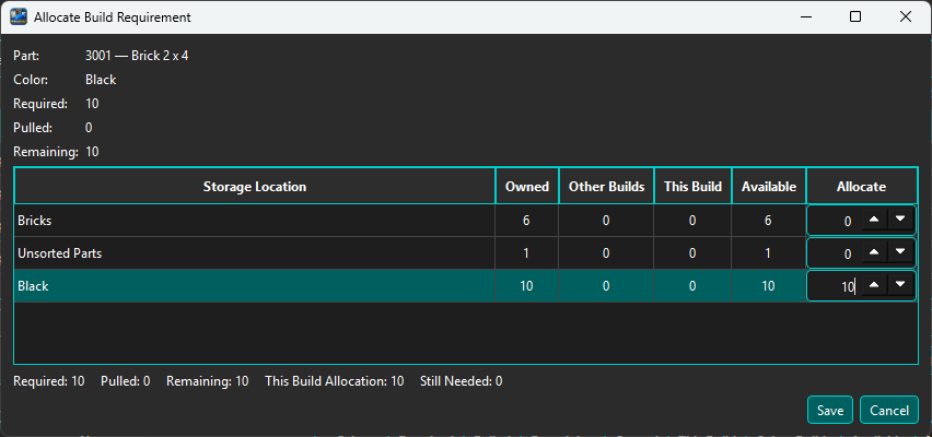 Allocate Build Requirement dialog for Black 3001 bricks