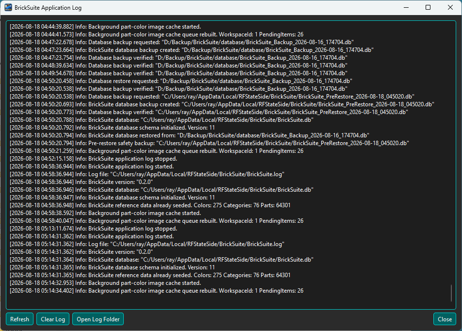 BrickSuite Application Log viewer