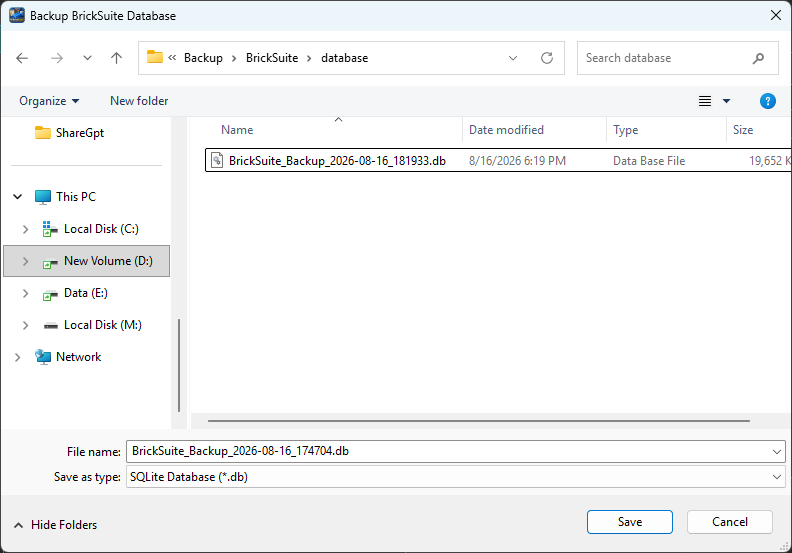 Choose where to save a BrickSuite database backup