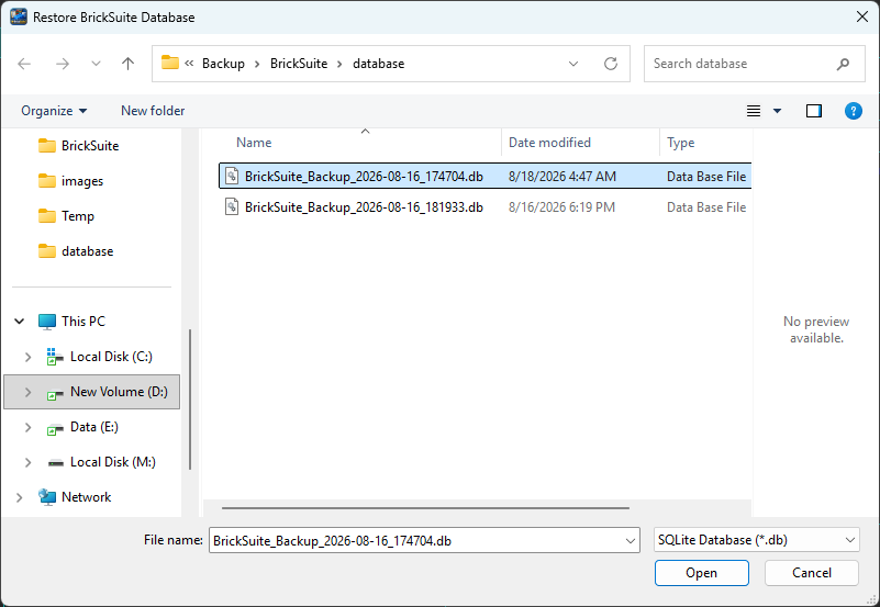 Select a BrickSuite database backup to restore