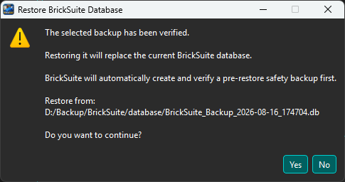 BrickSuite database restore confirmation