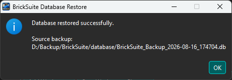 BrickSuite database restored successfully