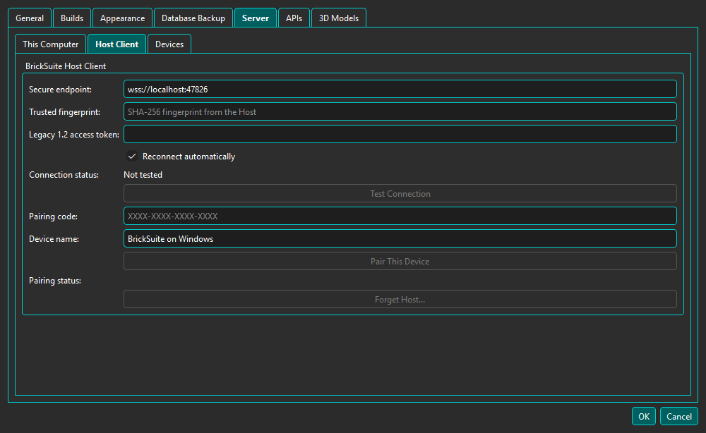 Host Client configuration before pairing; no trusted fingerprint or credentials entered