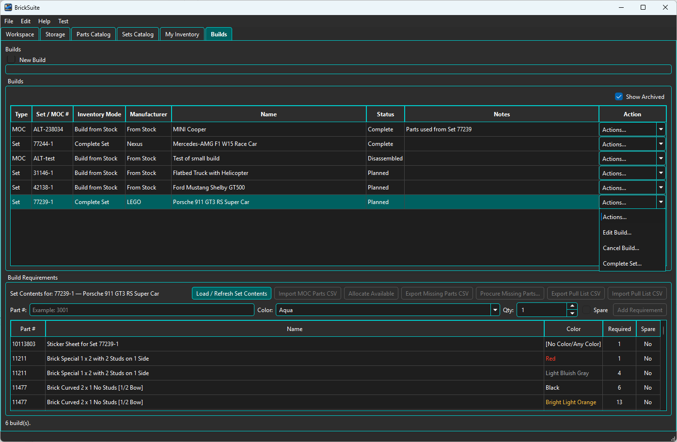 BrickSuite Builds Actions menu