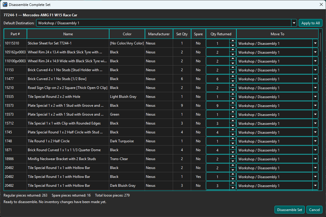 Disassemble Complete Set dialog