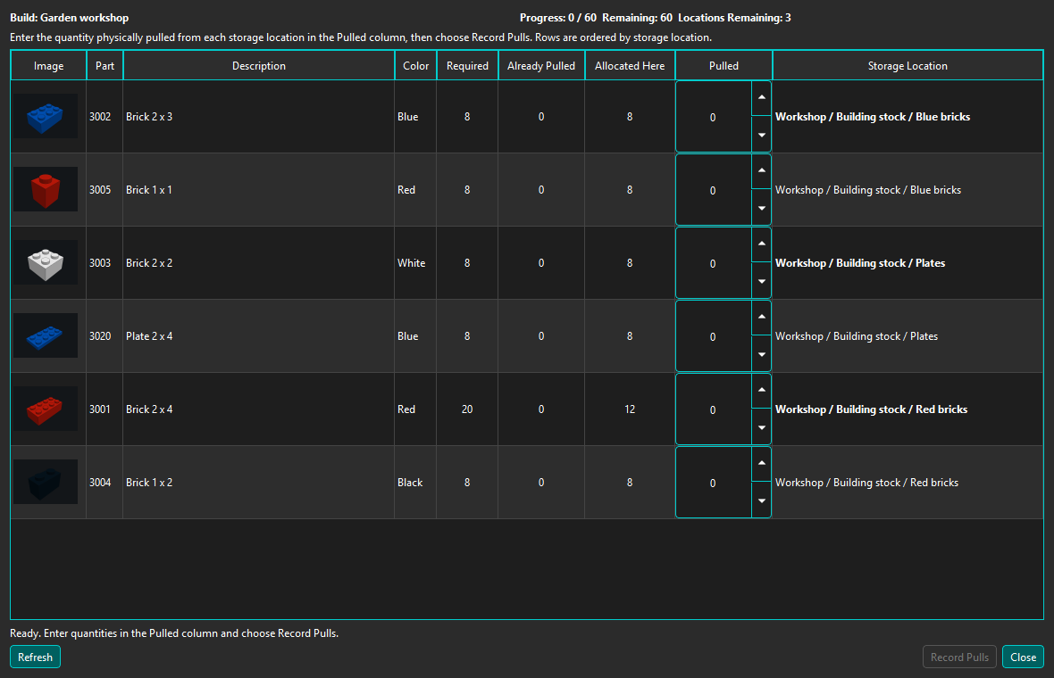 Interactive Build Pulling with allocated quantities and Storage locations