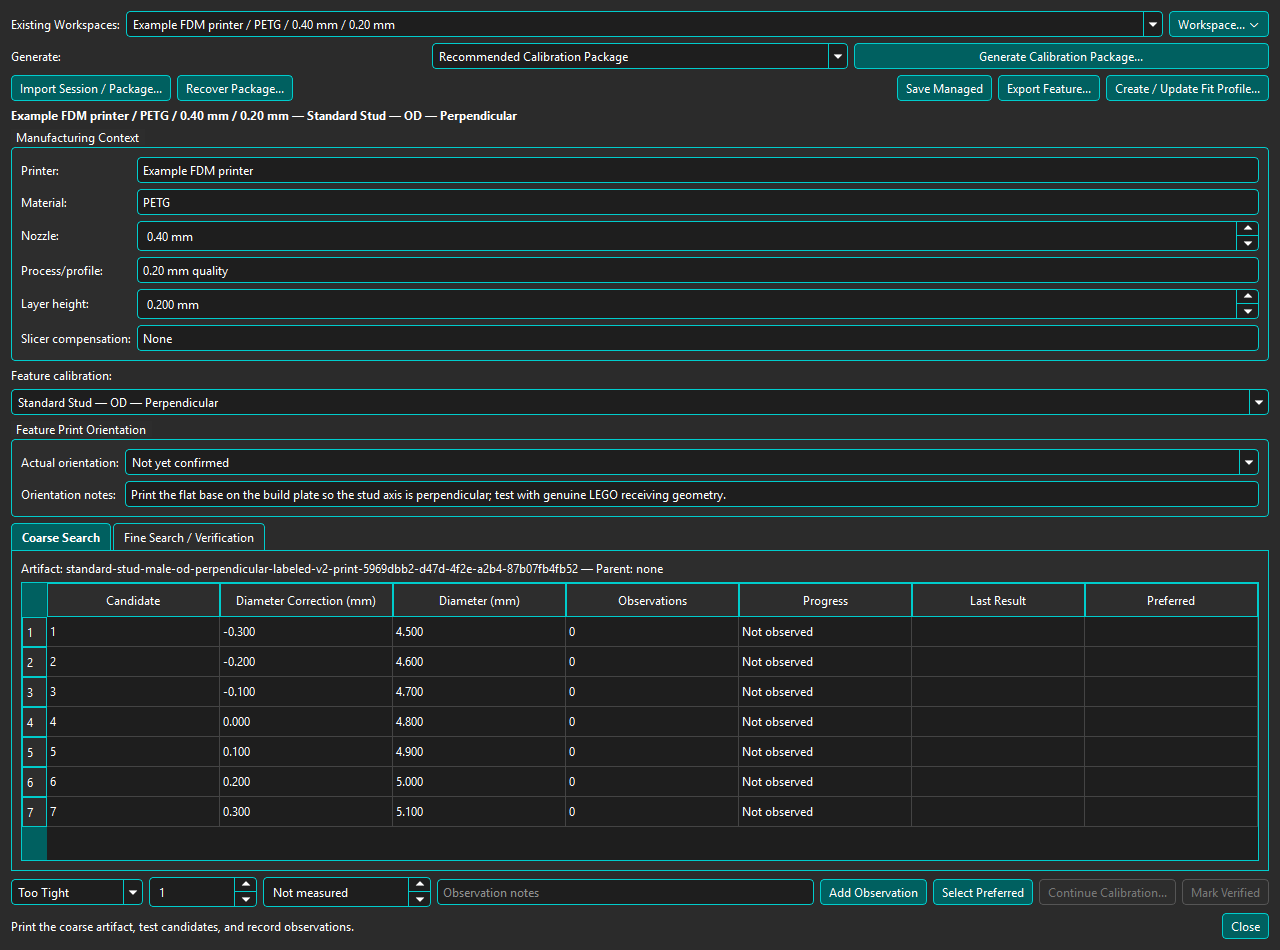 Calibration workspace with Recommended Calibration Package selected; existing coarse session has no observations
