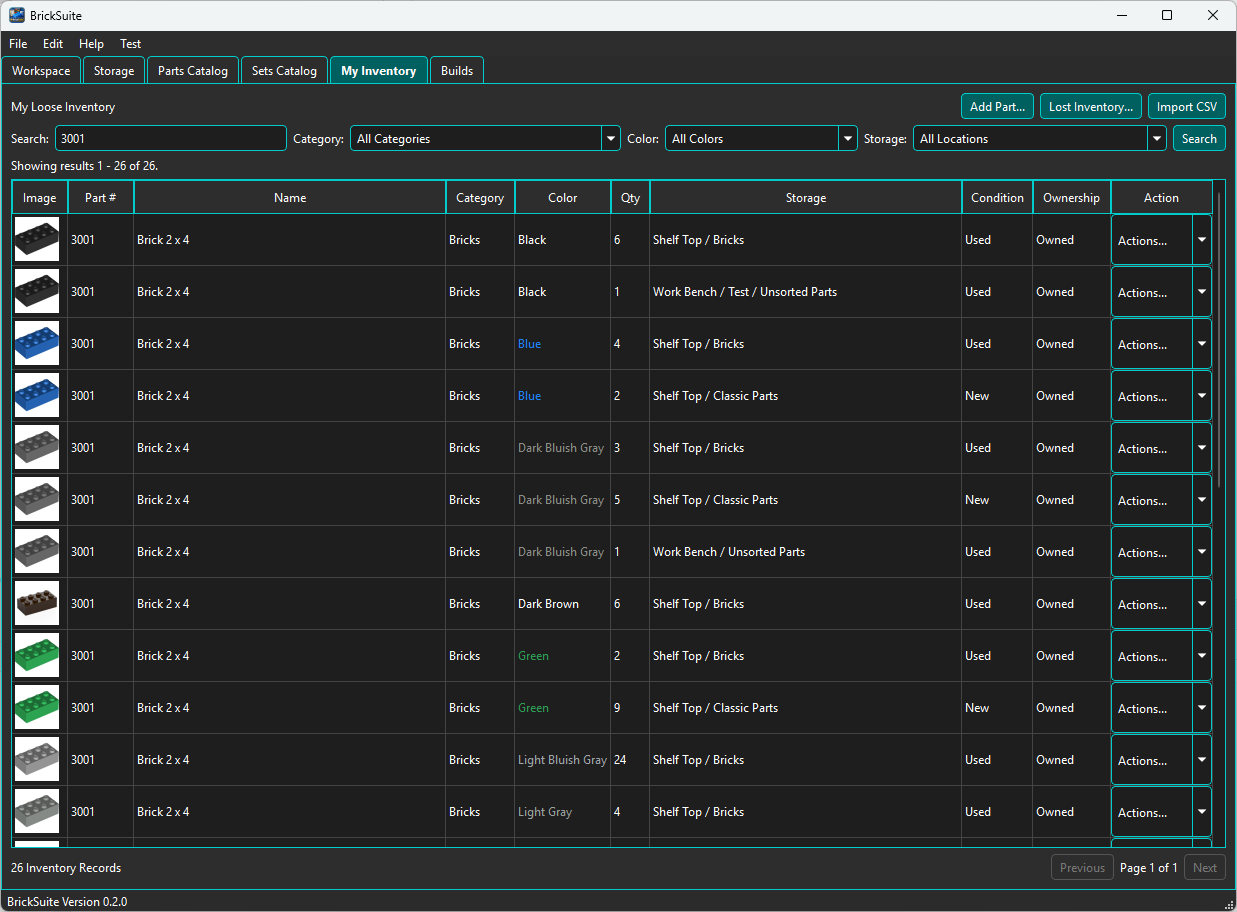BrickSuite My Inventory page showing populated loose-part inventory