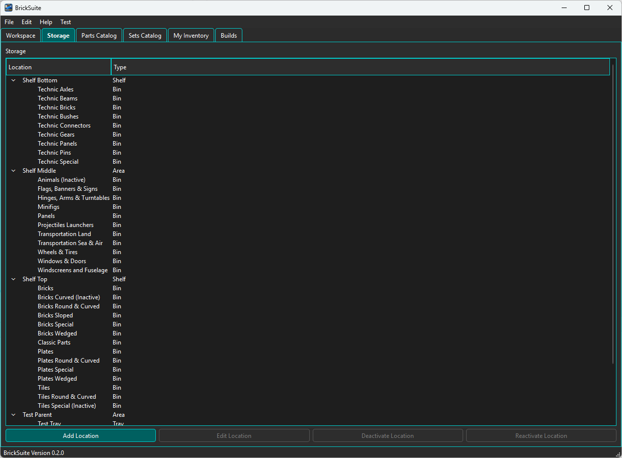 BrickSuite Storage page showing a physical storage hierarchy