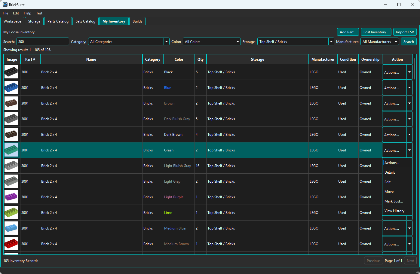 BrickSuite My Inventory Actions menu