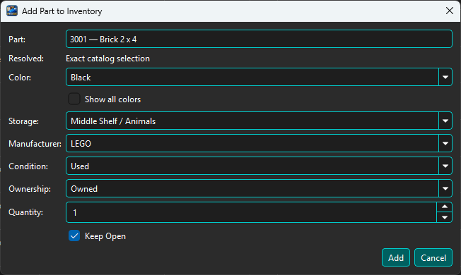 Add Part to Inventory dialog with Part Resolver
