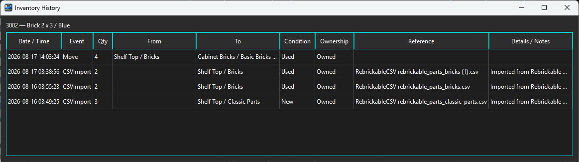 BrickSuite Inventory History