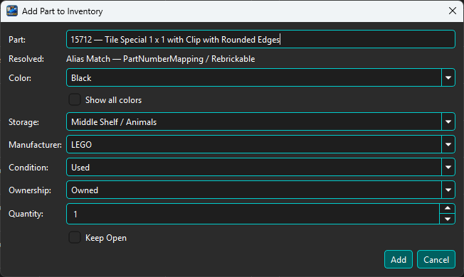BrickSuite Part Resolver showing an alias match