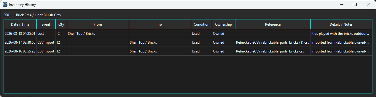 Inventory History showing a Lost event