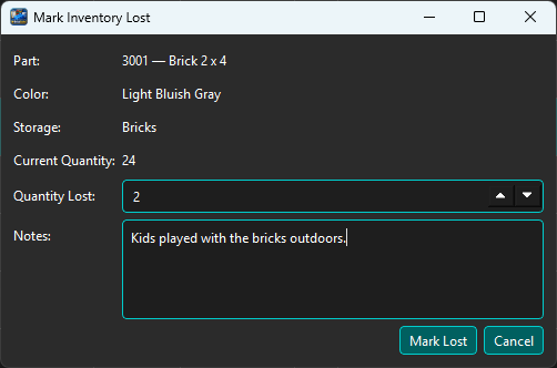 Mark Inventory Lost dialog