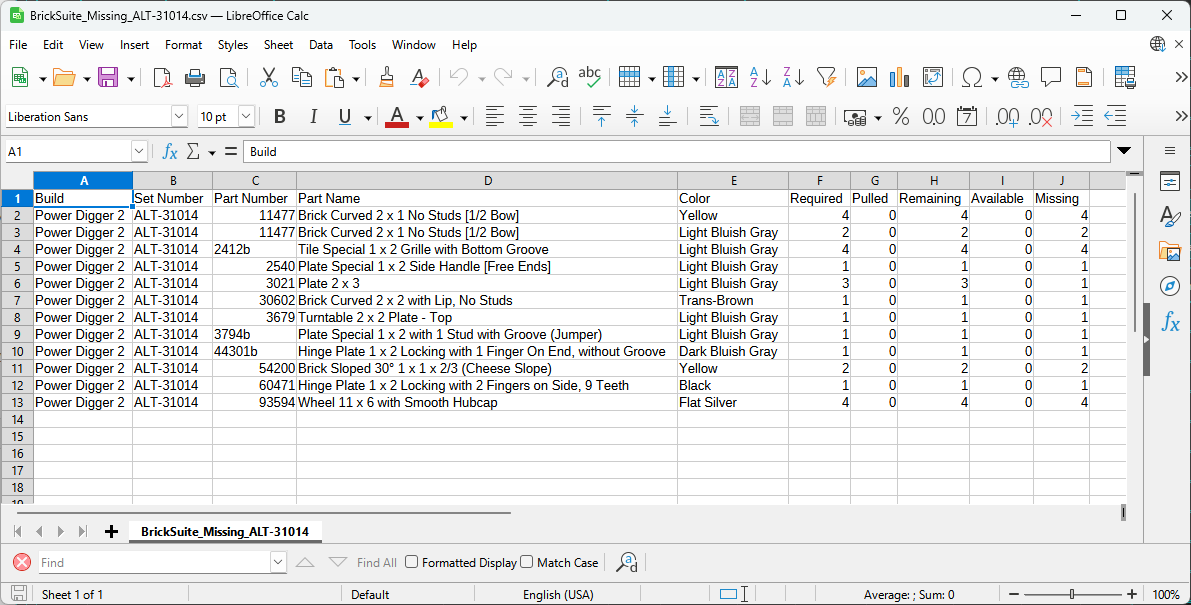 Exported BrickSuite Missing Parts CSV
