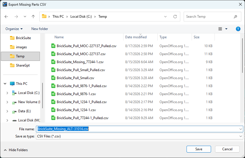 Save Missing Parts CSV dialog