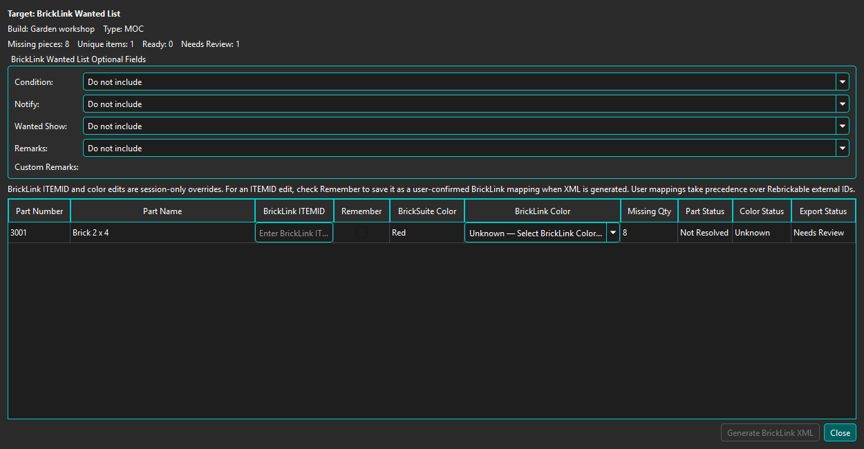 Missing Parts Procurement Preview showing eight missing Red 3001 pieces and unresolved provider mappings