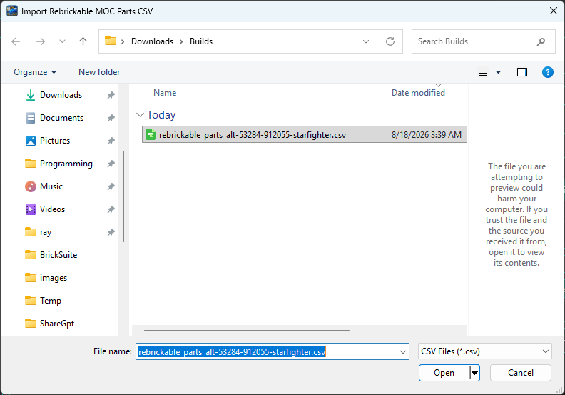 Selecting a Rebrickable MOC parts CSV
