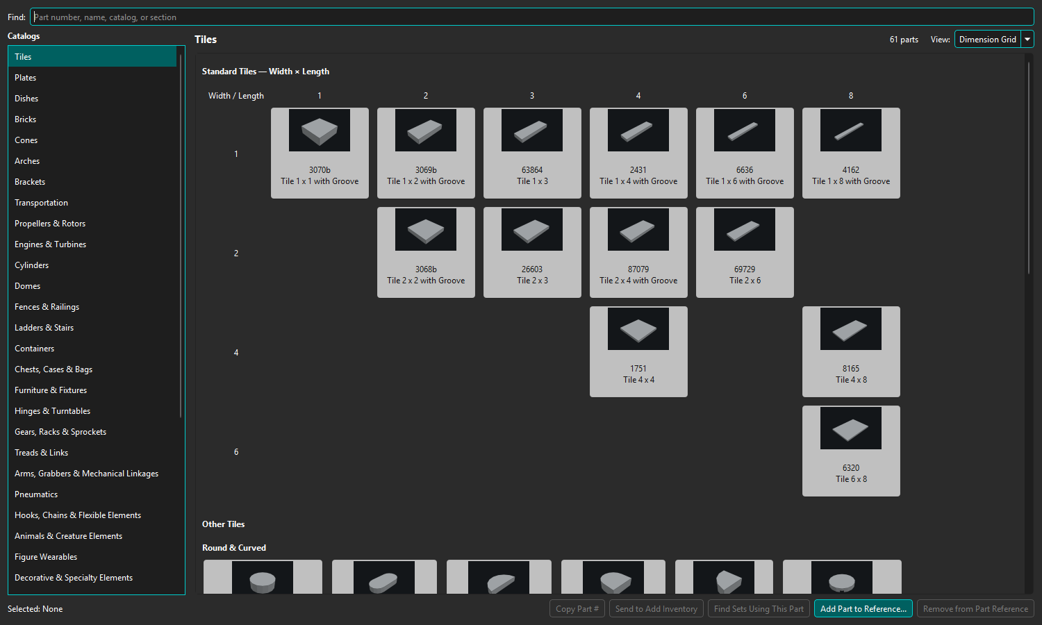 Part Reference Tiles Dimension Grid arranged by width and length