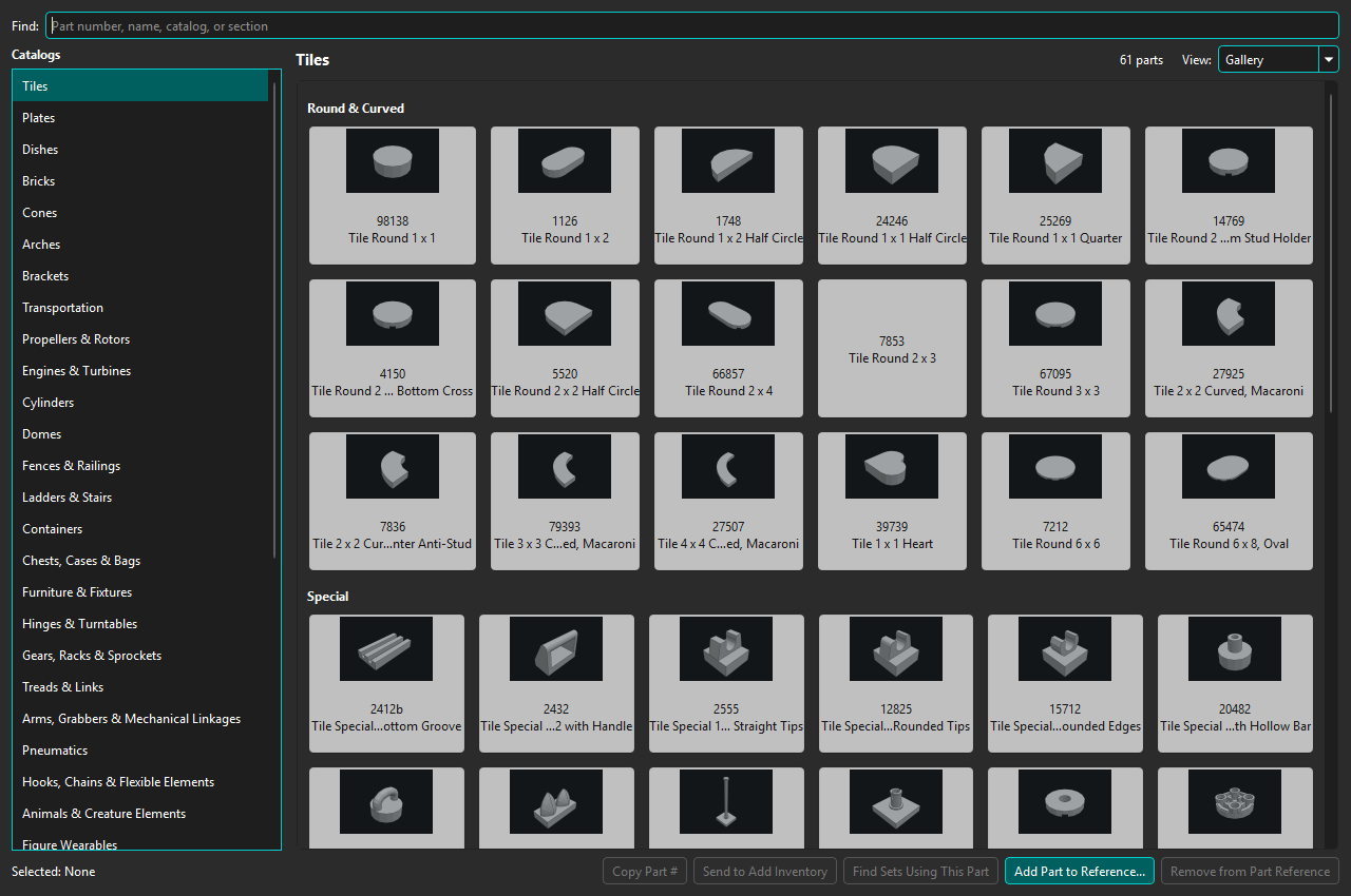 Part Reference Tiles gallery with current reference and Inventory actions