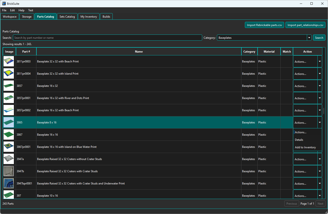 BrickSuite Parts Catalog Actions menu