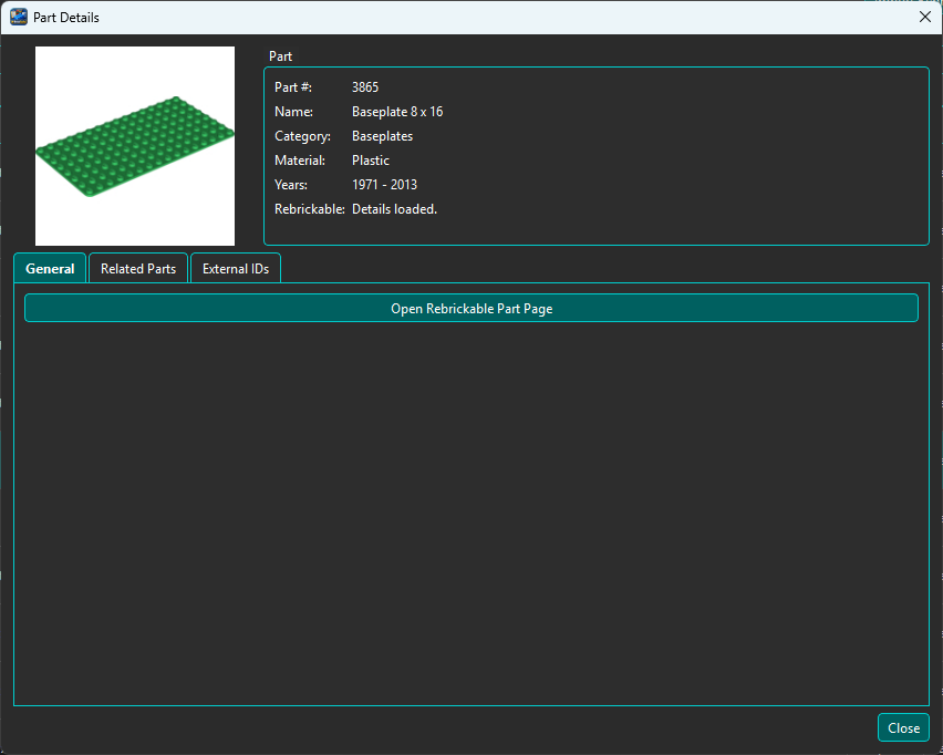 BrickSuite Part Details dialog