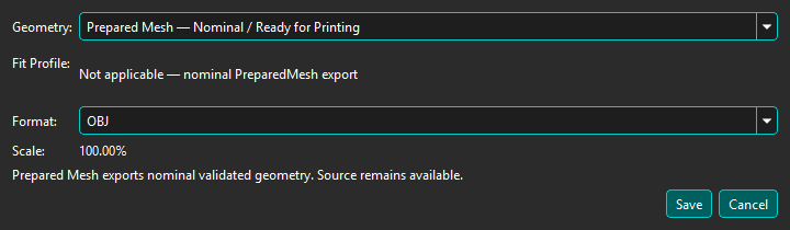 Nominal Prepared Mesh export explicitly marks Fit Profile as not applicable