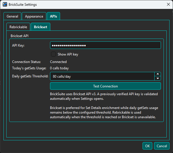 BrickSuite Brickset API settings