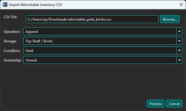BrickSuite Rebrickable inventory CSV import dialog