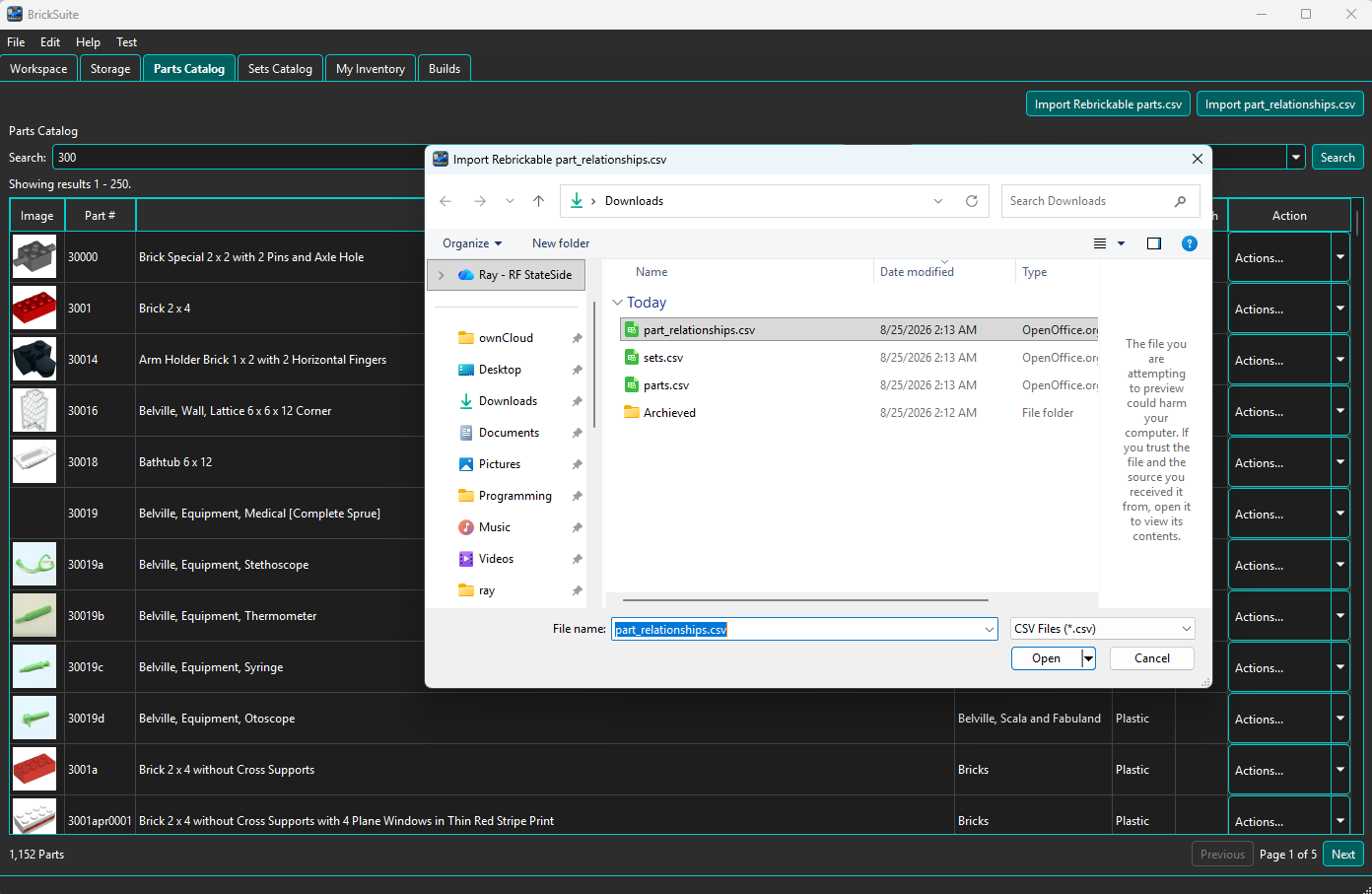 BrickSuite part relationships import workflow