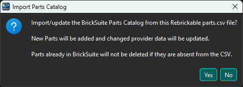 BrickSuite Parts Catalog import confirmation
