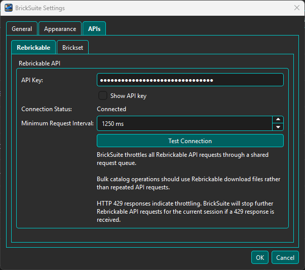 BrickSuite Rebrickable API settings