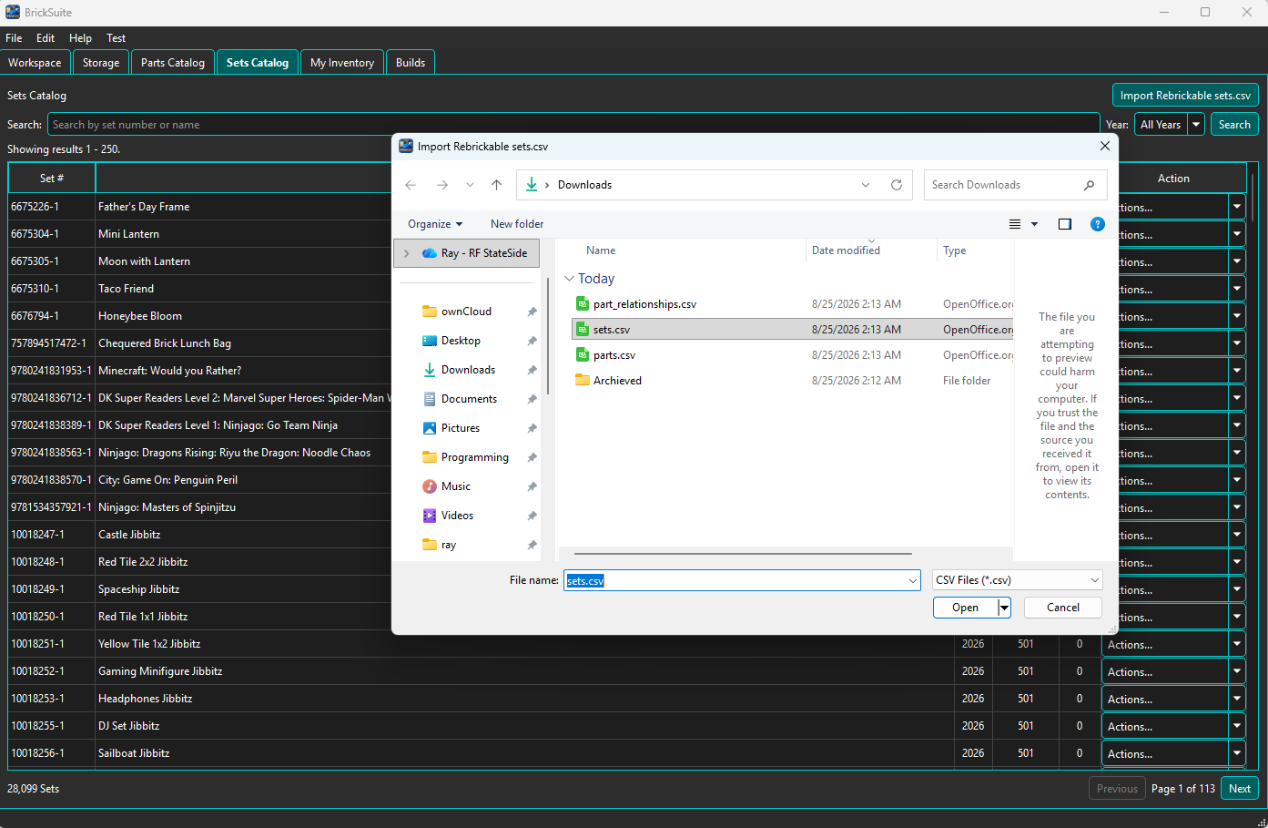 BrickSuite Sets Catalog import workflow