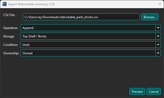 Import Rebrickable Inventory CSV dialog