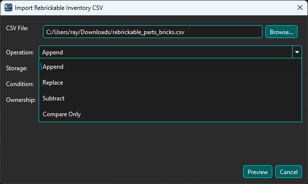 Rebrickable inventory import operation choices