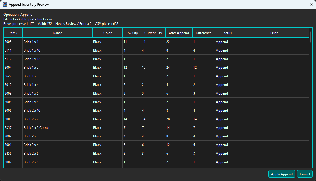 Append Inventory Preview