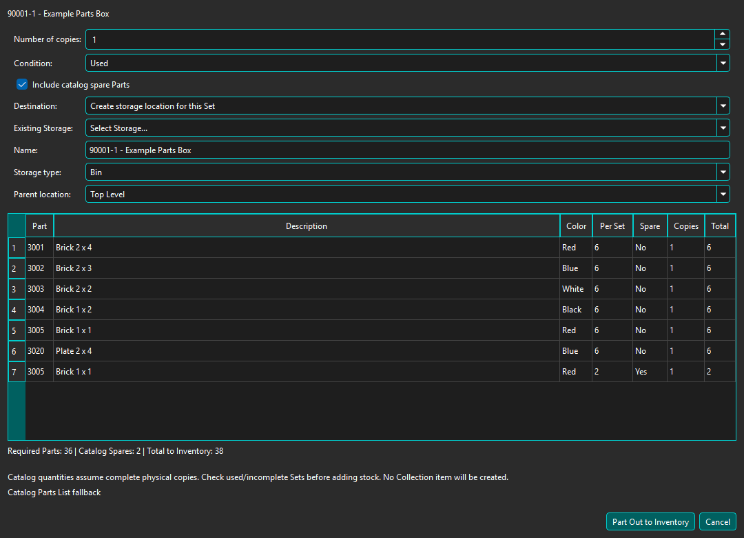Part Out Set to Inventory composition preview, copies, spares, Storage choices, and totals