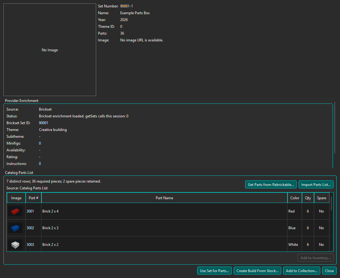 Modeless Set Details with synthetic Provider Enrichment, splitter, and Catalog Parts List