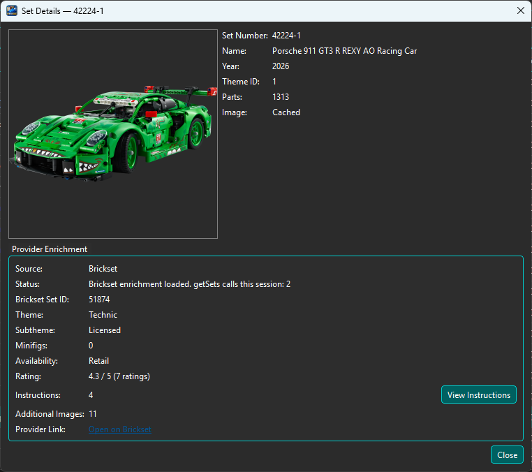 BrickSuite Set Details with Brickset enrichment