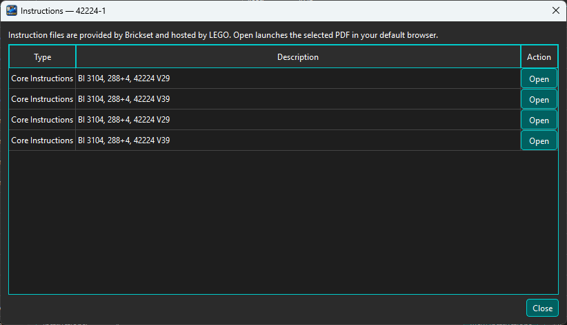 BrickSuite Set Instructions dialog