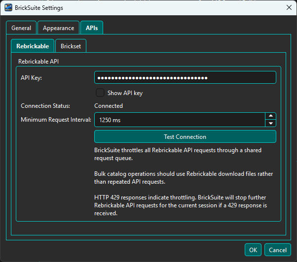 BrickSuite Settings APIs page