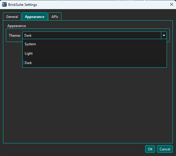 BrickSuite Settings Appearance page with Theme choices visible