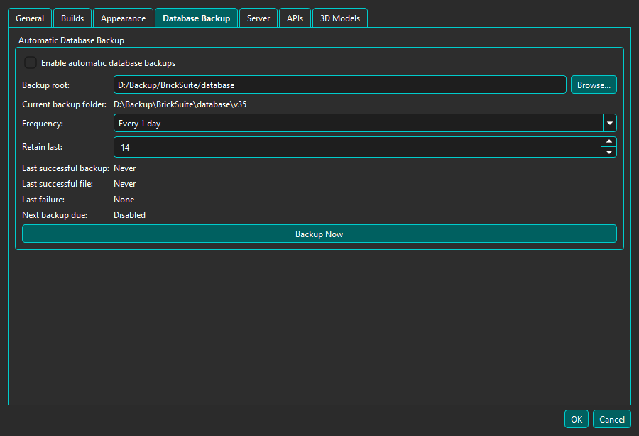 Database Backup settings with scheduling disabled and a synthetic backup root