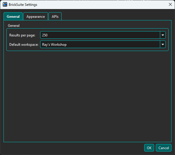 BrickSuite Settings General page